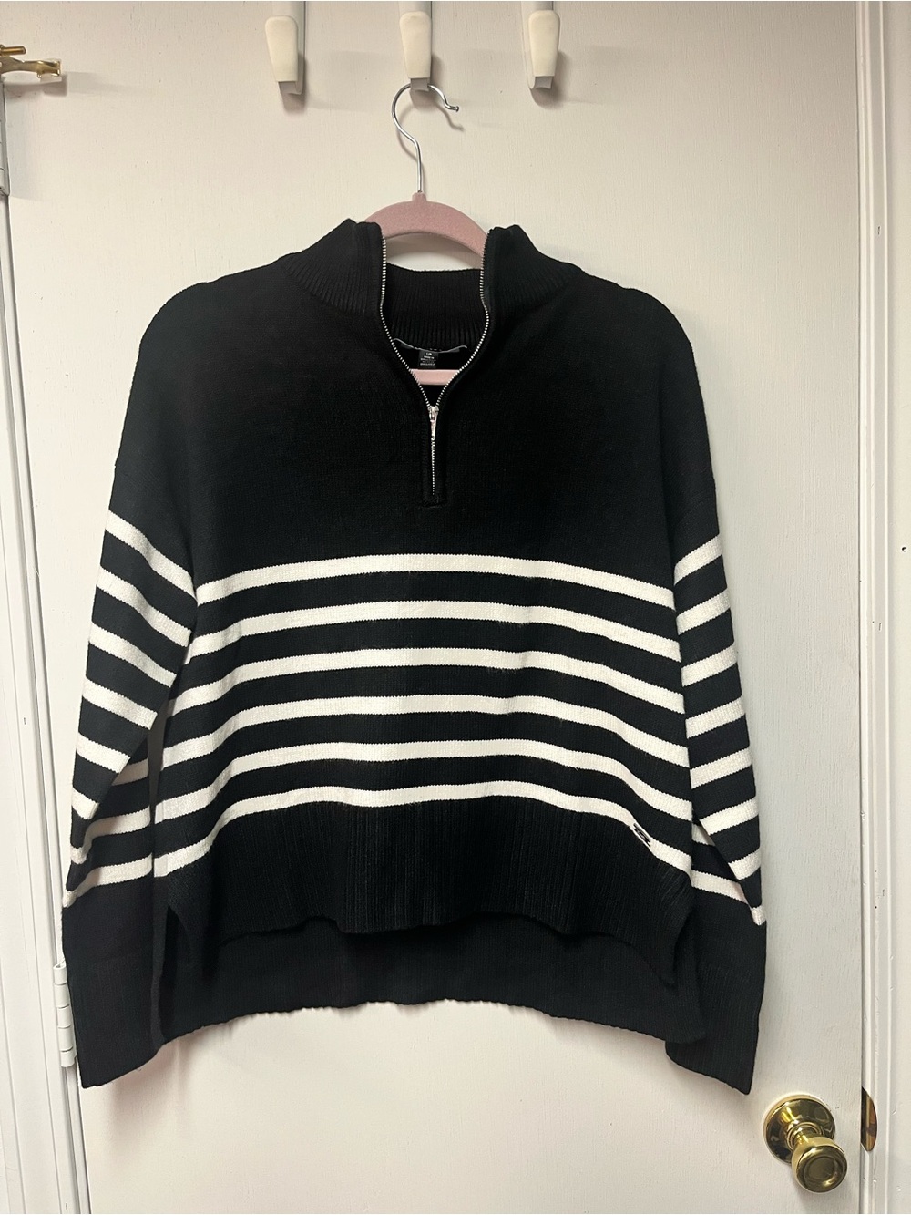 DKNY Black and White Striped Quarter-Zip Sweater